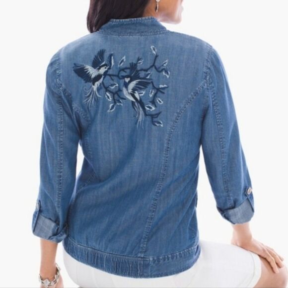 Chico's Jackets & Blazers - Chico's | Chambray Embroidered Birds Full Zip Artsy Jacket Coastal Grandma M